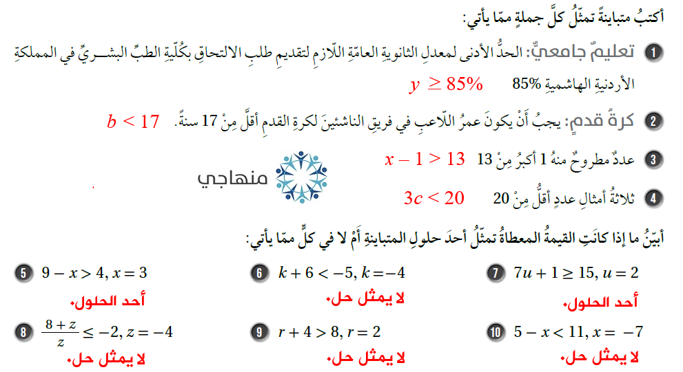 كتابة المتباينات وتمثيلها